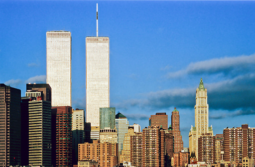 New York, USA - February 22, 1997:  The twin towers of the World Trade Center and lower Manhattan n New York. Twin towers were destroyed in 911 by terrorist attac.