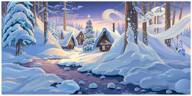 Winter landscape, with festive fairy tale village Winter fairy tale landscape, with houses and festive christmas fir tree, in a winter snowy forest. fairy tale village stock illustrations