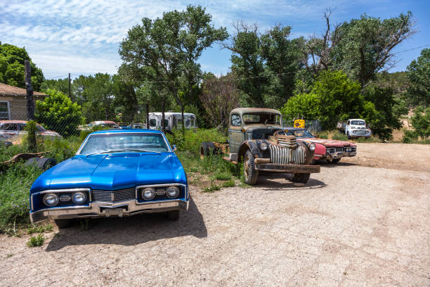 Orderville, USA - July 15, 2008:   junk yard with old beautiful oldtimers on the route 89 in Orderville, USA. America is a spot for european classic car hunters.