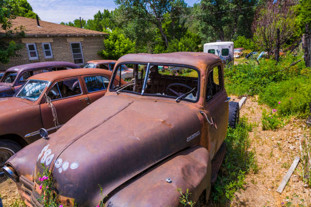 Orderville, USA - July 15, 2008:   junk yard with old beautiful oldtimers on the route 89 in Orderville, USA. America is a spot for european classic car hunters.