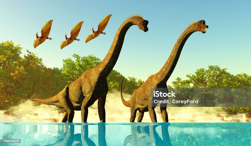 Brachiosaurus Jurassic Lake Pterodactyl reptiles fly over two Brachiosaurus Titanosaur sauropod dinosaurs enjoying the water. Titanosaurs Stock Photo