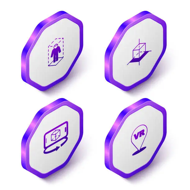 Vector illustration of Set Isometric 3d modeling, and Virtual reality icon. Purple hexagon button. Vector