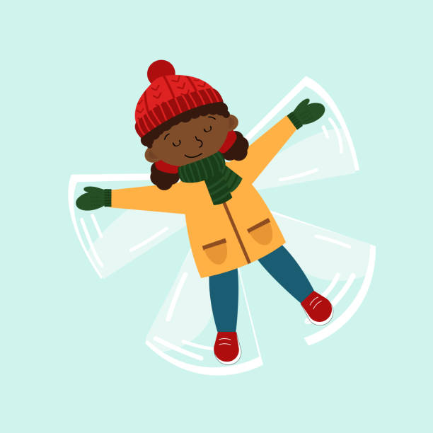 Girl making a snow angel An illustration of a black skinned girl making a snow angel. Winter season. Playing outdoor. making snow angels stock illustrations