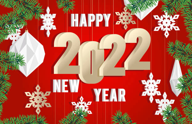 istock New Year greeting card. Christmas greeting template with gold volume numbers and Christmas trees. 1356819777