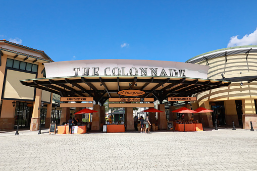 Sunrise, Florida, USA - 10/10/2021 - The Colonnade Entrance at the Sawgrass Mills Outlet Mall.