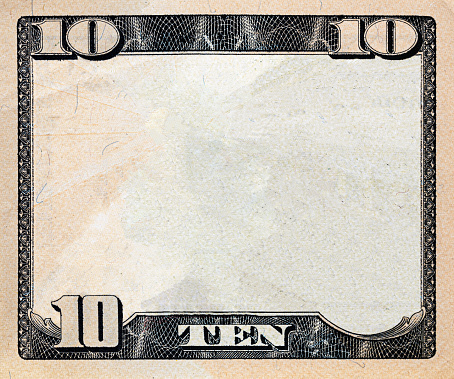 Modified decorative 10 dollar bill artwork for design purpose