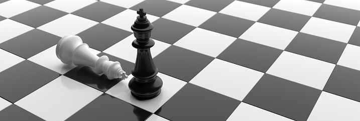 Winner, chess checkmate. King black color standing up, white king down, chessboard background. Winner and loser, victory and defeat concept. 3d illustration