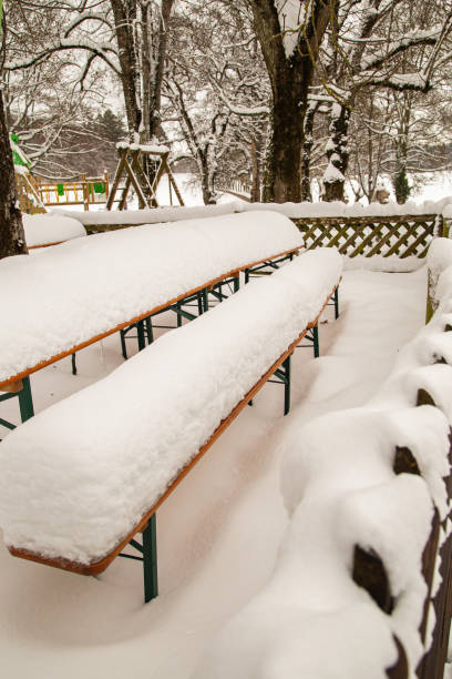The snow-covered beer garden has a winter break