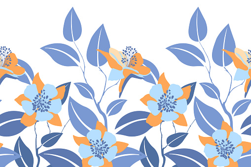 Vector floral seamless pattern, border. Horizontal panoramic design with blue-orange flowers and leaves isolated on a white background. Stylized floral elements for fabrics, cards, banners and more.