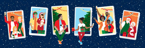Virtual Christmas party by phone_ friends and families together Merry Christmas, Happy New Year  vector banner, family with kids, parents, grandparents, old and young friends virtual meeting, diverse group of people at online party, celebrating from home. Phone screens, gift box, Santa hat diverse family christmas stock illustrations
