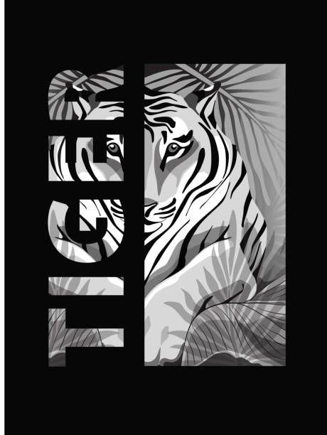 TIGER black and white print with the text mask _ black background vector art illustration