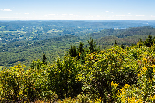 Aerial view from Adams Overlook along the Mohawk Trail in Massachusetts, USA. Adams Overlook faces east, looking over the town of Adams to the Hoosac Range, a branch of the Berkshire Mountains.