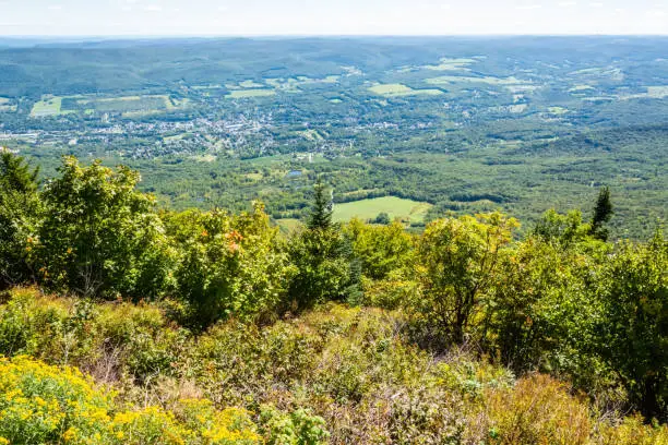 Aerial view from Adams Overlook along the Mohawk Trail in Massachusetts, USA. Adams Overlook faces east, looking over the town of Adams to the Hoosac Range, a branch of the Berkshire Mountains.