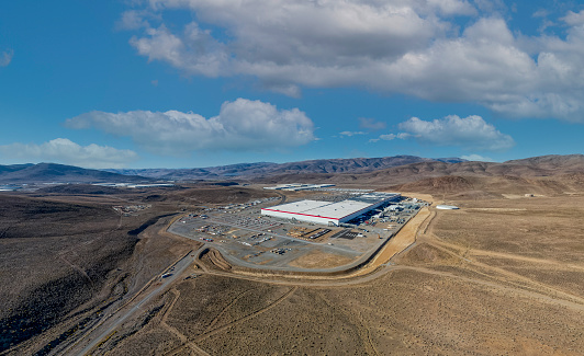 Sparks Nevada, USA - October  9, 2021:Tesla Gigafactory in Sparks where Tesla Motors manufactures  lithium-ion battery and electric vehicle components. The plant located east of Reno comes equipped with 24mw of solar panels powering operations.