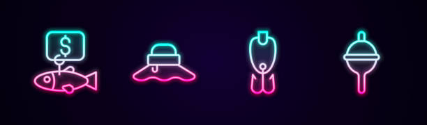 istock Set line Price tag for fish, Fisherman hat, Fishing lure and float. Glowing neon icon. Vector 1356827875