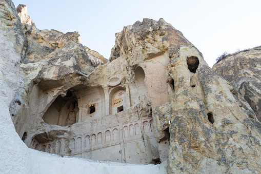 Goreme, Turkey; November 9th 2021: Goreme Open Air Museum carved rock wall