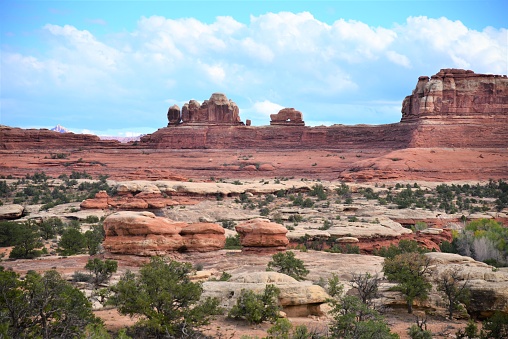 Wooden Shoe Arch stands amid desert landscape and other rock formations in The Needles section of Canyonlands National Park within the Grand Staircase-Escalante National Monument.