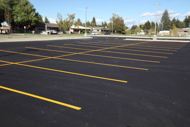 Newly striped parking lot The parking stalls in a parking lot, marked with yellow lines. tarmac stock pictures, royalty-free photos & images