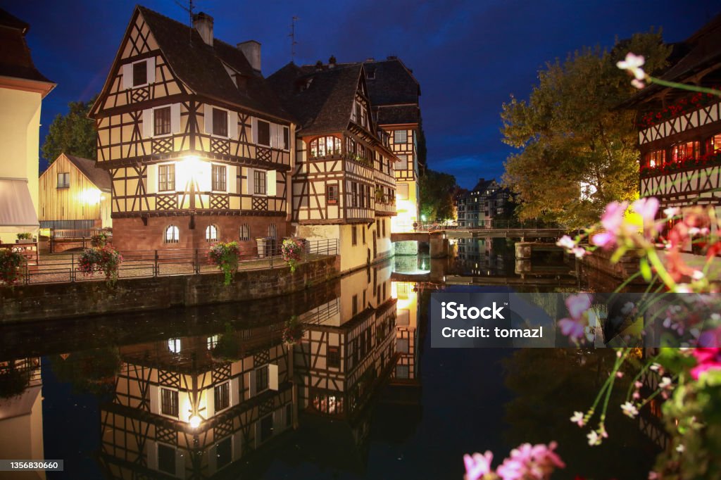 Strasbourg - France Alsatian style houses in Petite France area of Strasbourg. Houses by the canal. Alsace Stock Photo