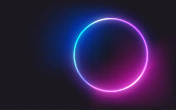 Vector illustration of Circle neon glowing frame on dark background. Trendy color vivid gradient. Template for design