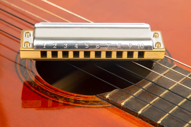 istock The harmonica rests on the body of a classical guitar. Classical musical wind instrument. 1356834950