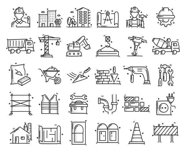 ilustrações de stock, clip art, desenhos animados e ícones de construction and buildings related objects and elements. hand drawn vector doodle illustration collection. hand drawn icons set. - city of tool