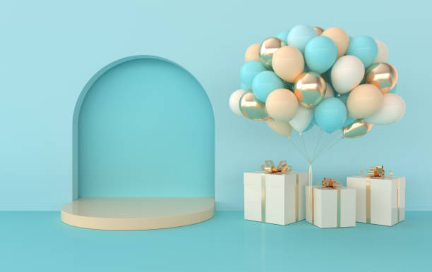 istock Wall scene with arch, balloons, present box, podium, clouds. 3D rendering interior. Platform for product presentation, mock up background. 1356837848