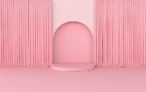istock Wall scene with arch,  curtains, podium. 3D rendering interior. Platform for product presentation, mock up background. 1356837856