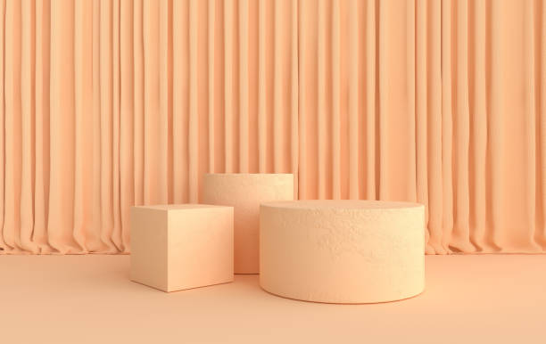 istock 3d rendered interior with geometric shapes, podium on the floor, curtains. Platforms for product presentation, mock up background. 1356837864