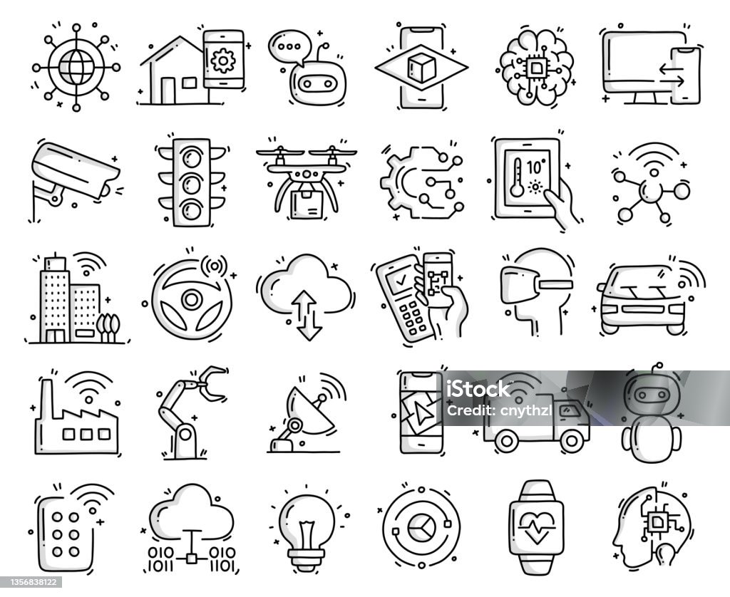 Internet Core Objects Internet Of Things Related Objects And Elements Hand Drawn Vector ...