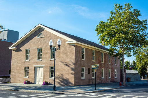 Seneca Falls, New York, United States of America - September 13, 2016. Wesleyan Chapel in Seneca Falls, NY, where the First Convention for Woman's Rights was held in 1848. The convention brought together about 300 people gathered to hear Elizabeth Cady Stanton demand the right of women to vote. The chapel is also known as the Wesleyan Methodist Church. It was built in 1843. View from the corner of Fall St and Mynderse Street.