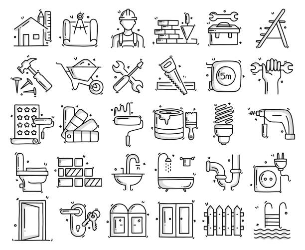 hausrenovierung und reparatur verwandte objekte und elemente. handgezeichnete vektor-doodle-illustrationssammlung. handgezeichnete symbole set. - blueprint plan house home improvement stock-grafiken, -clipart, -cartoons und -symbole