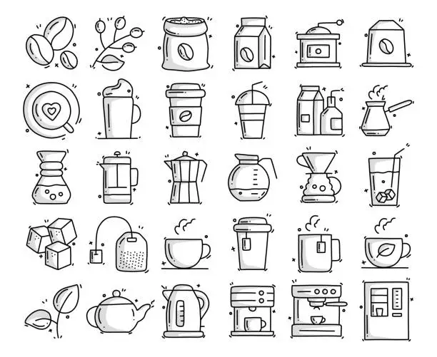 Vector illustration of Coffee and Tea Related Objects and Elements. Hand Drawn Vector Doodle Illustration Collection. Hand Drawn Icons Set.