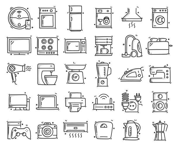 illustrazioni stock, clip art, cartoni animati e icone di tendenza di oggetti ed elementi correlati agli elettrodomestici. collezione di illustrazioni di doodle vettoriali disegnate a mano. set di icone disegnate a mano. - vacuum cleaner illustrations