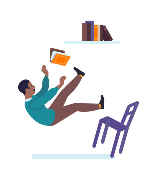 ilustraciones, imágenes clip art, dibujos animados e iconos de stock de hombre tratando de sacar el libro del estante superior y cayendo de la silla - off balance