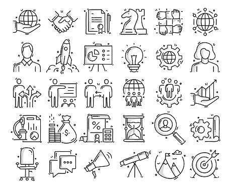 Business Related Objects and Elements. Hand Drawn Vector Doodle Illustration Collection. Hand Drawn Icons Set.