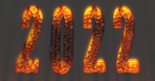 istock 3d rendering. Embossed surface of parallel stripes with the date 2022 embossed on it. Yellow neon lighting. Glass balls scattered over the surface 1356839567
