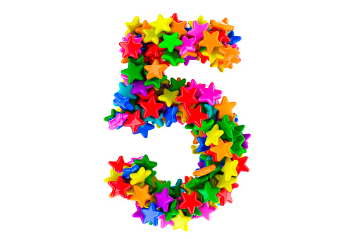 Number 4 - Colorful party confetti with sparkling stars. rhodamine red