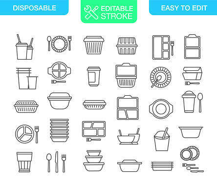 Disposable tableware icons set. Editable stroke. Vector illustration.