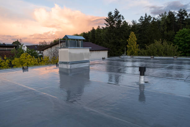 Flat roof covered with bitumen membrane and silver lacquer with chimney on a private house. Reflections after rain Flat roof covered with bitumen membrane and silver lacquer with chimney on a private house. Reflections after rain waterproof stock pictures, royalty-free photos & images