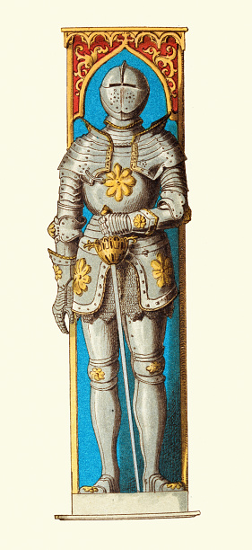 Vintage illustration of Medieval knight in full plate mail suit of armour holding basket hilted sword
