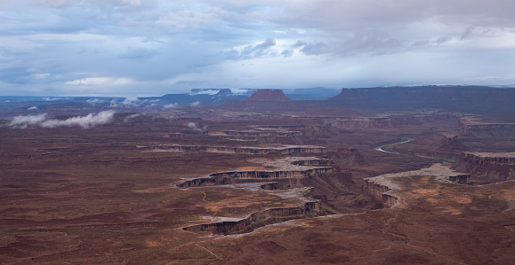 Panorama taken at Green River Overlook in the Island in the Sky District of Canyonlands National Park on a rainy day