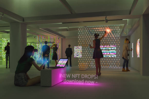 Futuristic art gallery with VR equipment Futuristic art gallery with VR equipment. 3D generated image. All projected images are my own and are entirely computer generated as well. VR controllers are modeled by me, custom designed and not based on any real model/brand. creative image collection stock pictures, royalty-free photos & images