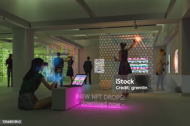 Futuristic Art Gallery With Vr Equipment Stock Photo - Download Image Now - Exhibition, Virtual Reality Simulator, Technology