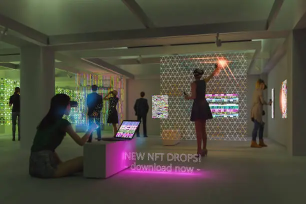 Futuristic art gallery with VR equipment. 3D generated image. All projected images are my own and are entirely computer generated as well. VR controllers are modeled by me, custom designed and not based on any real model/brand.