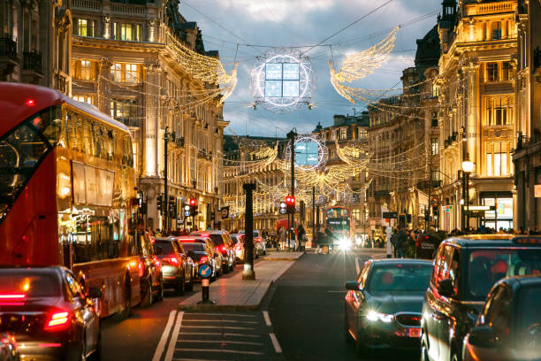 istock Christmas lights and traffic in central London 1356856015