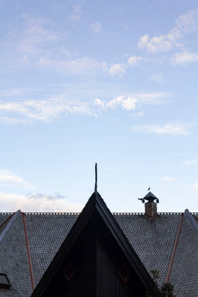 istock Medieval viking building roof and blue sky with clouds 1356856208