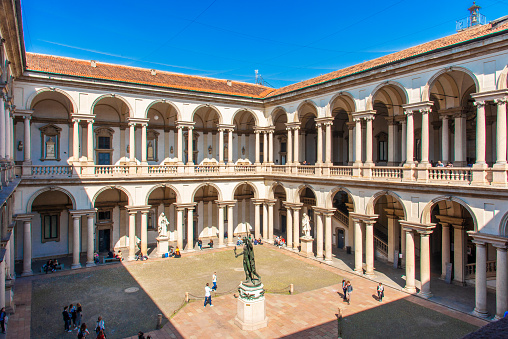 Courtyard of Pinacoteca di Brera, with the Napolean Statue. Milano, Italy.