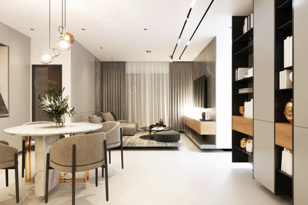 istock 3d render of home interior, living room and kitchen 1356860364