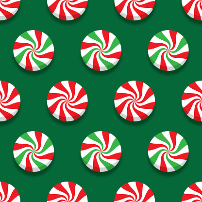 Vector illustration of peppermints in a repeating pattern against a green background.